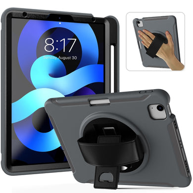 For iPad Air 2022 / 2020 10.9 360 Degree Rotation PC + TPU Protective Case with Holder & Hand-strap & Pen Slot(Grey)