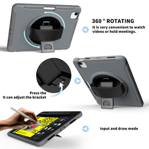 For iPad Air 2022 / 2020 10.9 360 Degree Rotation PC + TPU Protective Case with Holder & Hand-strap & Pen Slot(Grey)