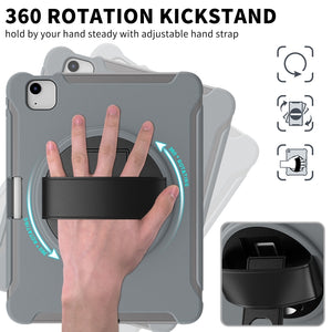 For iPad Air 2022 / 2020 10.9 360 Degree Rotation PC + TPU Protective Case with Holder & Hand-strap & Pen Slot(Grey)