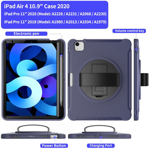 For iPad Air 2022 / 2020 10.9 360 Degree Rotation PC + TPU Protective Case with Holder & Hand-strap & Pen Slot(Blue)