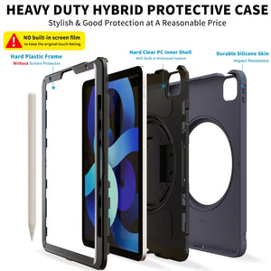 For iPad Air 2022 / 2020 10.9 360 Degree Rotation PC + TPU Protective Case with Holder & Hand-strap & Pen Slot(Blue)