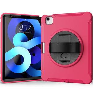 For iPad Air 2022 / 2020 10.9 360 Degree Rotation PC + TPU Protective Case with Holder & Hand-strap & Pen Slot(Rose Red)