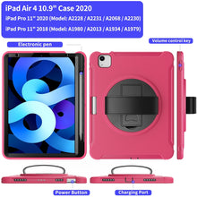 For iPad Air 2022 / 2020 10.9 360 Degree Rotation PC + TPU Protective Case with Holder & Hand-strap & Pen Slot(Rose Red)