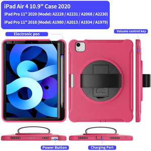 For iPad Air 2022 / 2020 10.9 360 Degree Rotation PC + TPU Protective Case with Holder & Hand-strap & Pen Slot(Rose Red)