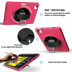 For iPad Air 2022 / 2020 10.9 360 Degree Rotation PC + TPU Protective Case with Holder & Hand-strap & Pen Slot(Rose Red)