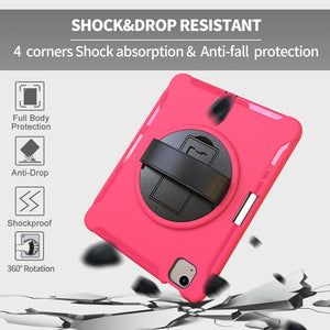 For iPad Air 2022 / 2020 10.9 360 Degree Rotation PC + TPU Protective Case with Holder & Hand-strap & Pen Slot(Rose Red)