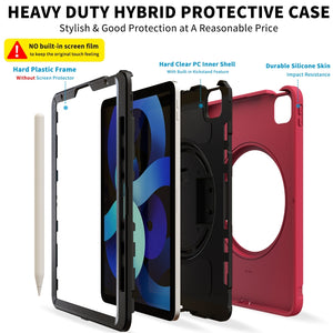 For iPad Air 2022 / 2020 10.9 360 Degree Rotation PC + TPU Protective Case with Holder & Hand-strap & Pen Slot(Rose Red)