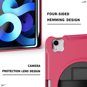 For iPad Air 2022 / 2020 10.9 360 Degree Rotation PC + TPU Protective Case with Holder & Hand-strap & Pen Slot(Rose Red)