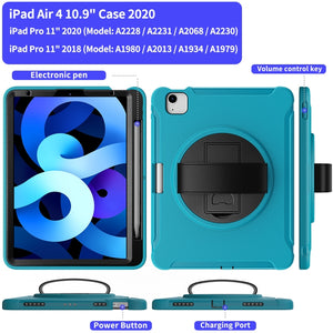 For iPad Air 2022 / 2020 10.9 360 Degree Rotation PC + TPU Protective Case with Holder & Hand-strap & Pen Slot(Light Blue)