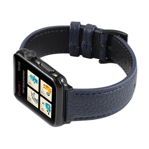 Litchi Texture Genuine Leather Watch Band For Apple Watch Series 7 45mm / 6 & SE & 5 & 4 44mm / 3 & 2 & 1 42mm(Navy Blue)