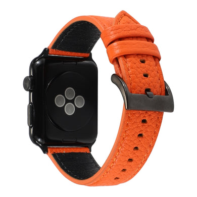 Litchi Texture Genuine Leather Watch Band For Apple Watch Series 7 45mm / 6 & SE & 5 & 4 44mm / 3 & 2 & 1 42mm(Orange)
