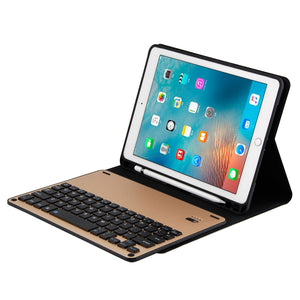 FT-1038E Detachable Bluetooth 3.0 Aluminum Alloy Keyboard + Lambskin Texture Leather Tablet Case for iPad Air / Air 2 / iPad Pro 9.7 inch, with Pen Slot / Water Repellent / Three-gear Angle Adjustment / Magnetic / Sleep Function (Gold)