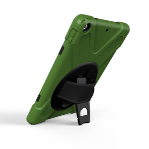 For iPad 9.7 (2018) & iPad 9.7 (2017) 360 Degree Rotation PC + Silicone Protective Case with Holder & Hand-strap(Army Green)