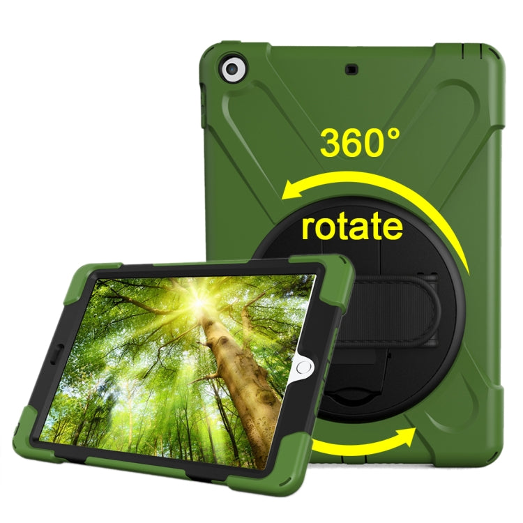 For iPad 9.7 (2018) & iPad 9.7 (2017) 360 Degree Rotation PC + Silicone Protective Case with Holder & Hand-strap(Army Green)