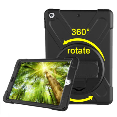 For iPad 9.7 (2018) & iPad 9.7 (2017) 360 Degree Rotation PC + Silicone Protective Case with Holder & Hand-strap(Black)