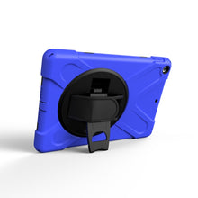 For iPad 9.7 (2018) & iPad 9.7 (2017) 360 Degree Rotation PC + Silicone Protective Case with Holder & Hand-strap(Dark Blue)