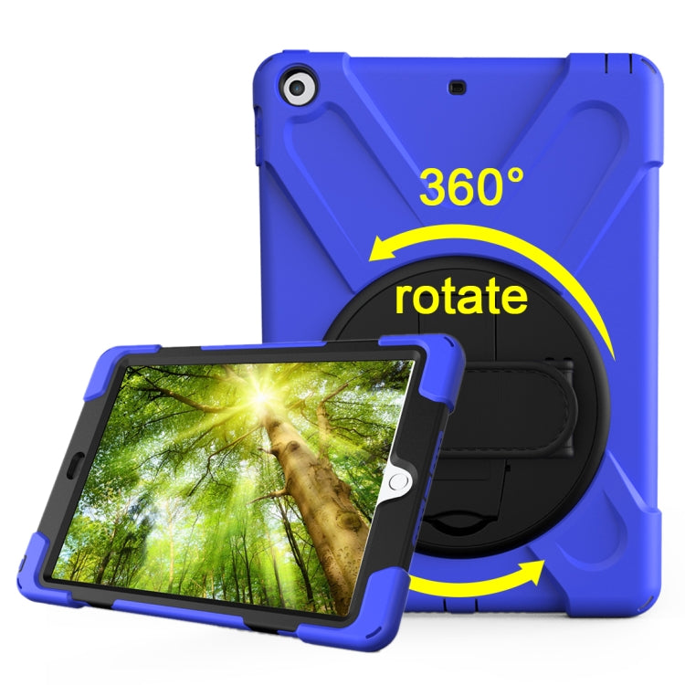 For iPad 9.7 (2018) & iPad 9.7 (2017) 360 Degree Rotation PC + Silicone Protective Case with Holder & Hand-strap(Dark Blue)