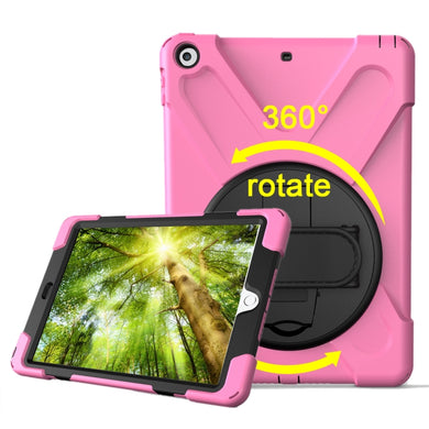 For iPad 9.7 (2018) & iPad 9.7 (2017) 360 Degree Rotation PC + Silicone Protective Case with Holder & Hand-strap(Pink)