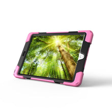 For iPad 9.7 (2018) & iPad 9.7 (2017) 360 Degree Rotation PC + Silicone Protective Case with Holder & Hand-strap(Pink)