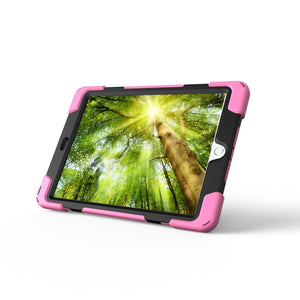 For iPad 9.7 (2018) & iPad 9.7 (2017) 360 Degree Rotation PC + Silicone Protective Case with Holder & Hand-strap(Pink)