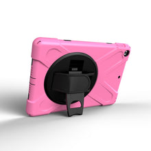 For iPad 9.7 (2018) & iPad 9.7 (2017) 360 Degree Rotation PC + Silicone Protective Case with Holder & Hand-strap(Pink)