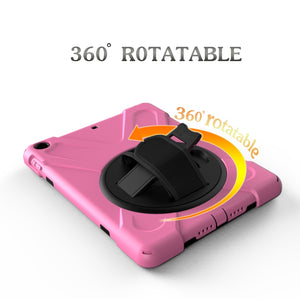 For iPad 9.7 (2018) & iPad 9.7 (2017) 360 Degree Rotation PC + Silicone Protective Case with Holder & Hand-strap(Pink)