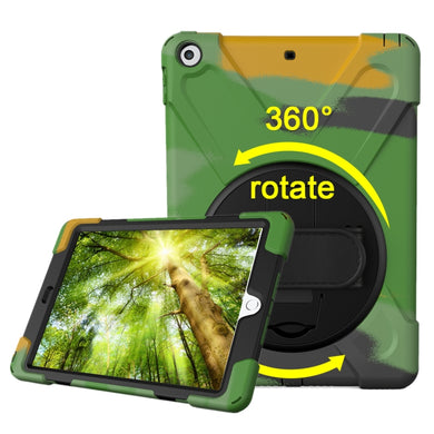 For iPad 9.7 (2018) & iPad 9.7 (2017) 360 Degree Rotation PC + Silicone Protective Case with Holder & Hand-strap (Camouflage Green)