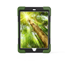 For iPad 9.7 (2018) & iPad 9.7 (2017) 360 Degree Rotation PC + Silicone Protective Case with Holder & Hand-strap (Camouflage Green)