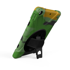 For iPad 9.7 (2018) & iPad 9.7 (2017) 360 Degree Rotation PC + Silicone Protective Case with Holder & Hand-strap (Camouflage Green)