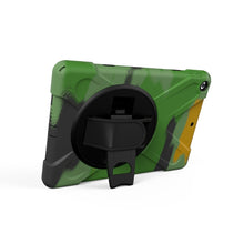 For iPad 9.7 (2018) & iPad 9.7 (2017) 360 Degree Rotation PC + Silicone Protective Case with Holder & Hand-strap (Camouflage Green)