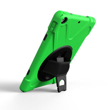 For iPad 9.7 (2018) & iPad 9.7 (2017) 360 Degree Rotation PC + Silicone Protective Case with Holder & Hand-strap(Light Green)