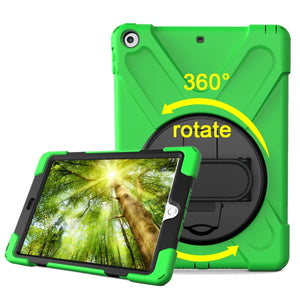 For iPad 9.7 (2018) & iPad 9.7 (2017) 360 Degree Rotation PC + Silicone Protective Case with Holder & Hand-strap(Light Green)