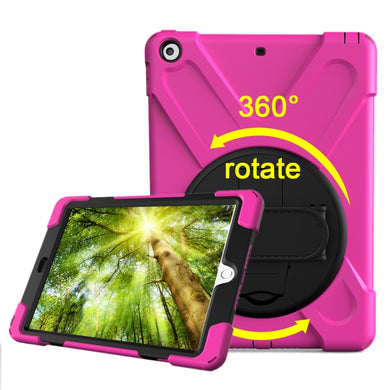 For iPad 9.7 (2018) & iPad 9.7 (2017) 360 Degree Rotation PC + Silicone Protective Case with Holder & Hand-strap(Magenta)