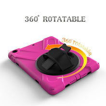 For iPad 9.7 (2018) & iPad 9.7 (2017) 360 Degree Rotation PC + Silicone Protective Case with Holder & Hand-strap(Magenta)