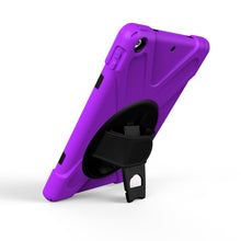 For iPad 9.7 (2018) & iPad 9.7 (2017) 360 Degree Rotation PC + Silicone Protective Case with Holder & Hand-strap(Purple)