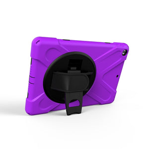 For iPad 9.7 (2018) & iPad 9.7 (2017) 360 Degree Rotation PC + Silicone Protective Case with Holder & Hand-strap(Purple)