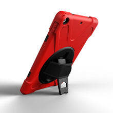 For iPad 9.7 (2018) & iPad 9.7 (2017) 360 Degree Rotation PC + Silicone Protective Case with Holder & Hand-strap(Red)