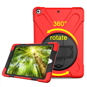 For iPad 9.7 (2018) & iPad 9.7 (2017) 360 Degree Rotation PC + Silicone Protective Case with Holder & Hand-strap(Red)