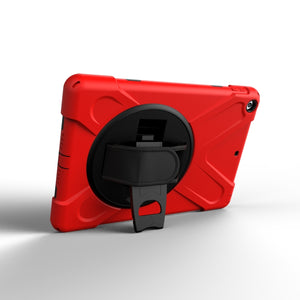 For iPad 9.7 (2018) & iPad 9.7 (2017) 360 Degree Rotation PC + Silicone Protective Case with Holder & Hand-strap(Red)