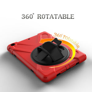 For iPad 9.7 (2018) & iPad 9.7 (2017) 360 Degree Rotation PC + Silicone Protective Case with Holder & Hand-strap(Red)