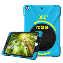 For iPad 9.7 (2018) & iPad 9.7 (2017) 360 Degree Rotation PC + Silicone Protective Case with Holder & Hand-strap(Baby Blue)