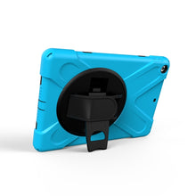 For iPad 9.7 (2018) & iPad 9.7 (2017) 360 Degree Rotation PC + Silicone Protective Case with Holder & Hand-strap(Baby Blue)