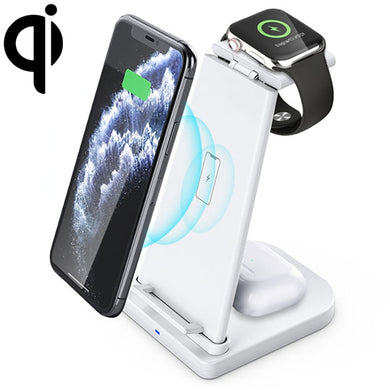 10W 3 in 1 QC 3.0  Vertical Multi-function Wireless Charger with Stand Function, Suitable for Mobile Phones / Apple Watch / AirPods (White)