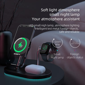 S20 4 in 1 15W Multifunctional Magnetic Wireless Charger with Night Light & Holder for Mobile Phones / AirPods(Black)