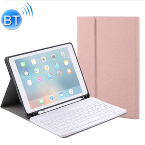 RK508 For iPad Air 2 & Air 1 / Pro 9.7 inch & 2017 iPad & 2018 iPad Silk Texture Detachable Plastic Bluetooth Keyboard Leather Tablet Case with Stand & Pen Slot Function(Rose Gold)