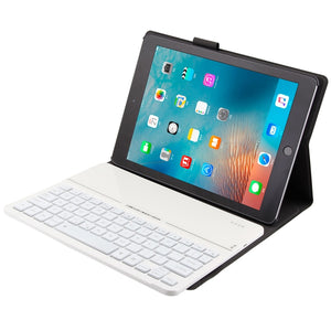 FT2068D For iPad Air 2 & Air 1 / Pro 9.7 inch & 2017 iPad & 2018 iPad Backlight Version Lambskin Texture Detachable Tempered Glass Bluetooth Keyboard Leather Tablet Case with Pen Slot & Stand Function (White)