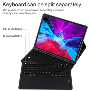T129 Detachable Bluetooth Black Keyboard Microfiber Leather Tablet Case for iPad Pro 12.9 inch (2020), with Holder (Black)