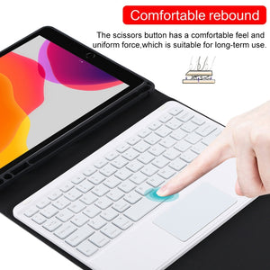 TG-102BCS Detachable Bluetooth White Keyboard + Microfiber Leather Tablet Case for iPad 10.2 inch / iPad Air (2019), with Touch Pad & Backlight & Pen Slot & Holder (Black)