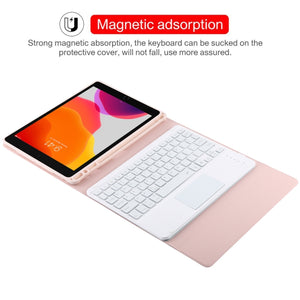 TG-102BCS Detachable Bluetooth White Keyboard + Microfiber Leather Tablet Case for iPad 10.2 inch / iPad Air (2019), with Touch Pad & Backlight & Pen Slot & Holder (Pink)