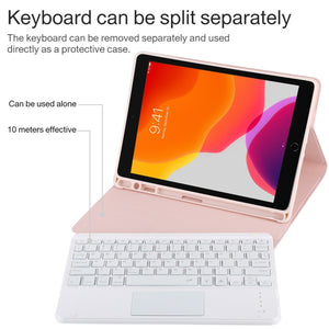 TG-102BCS Detachable Bluetooth White Keyboard + Microfiber Leather Tablet Case for iPad 10.2 inch / iPad Air (2019), with Touch Pad & Backlight & Pen Slot & Holder (Pink)